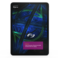 Whitepaper DE-CIX-Leipzig enivaTEL Das Cover des Whitepapers, auf einem Tablet abgebildet, zeigt eine digitale Autobahn sowie den Titel des Whitepapers und das Logo der envia TEL