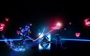 Cybersecurity enviaTEL Drei blau beleuchtete Eishockeyspieler in einer allähnlichen Umgebung, der Puck sowie böse schauende Gesichter im Hintergrund sind neonrot hervorgehoben