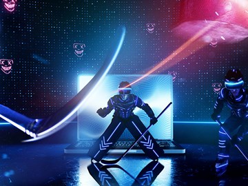 Cybersecurity enviaTEL Drei blau beleuchtete Eishockeyspieler in einer allähnlichen Umgebung, der Puck sowie böse schauende Gesichter im Hintergrund sind neonrot hervorgehoben