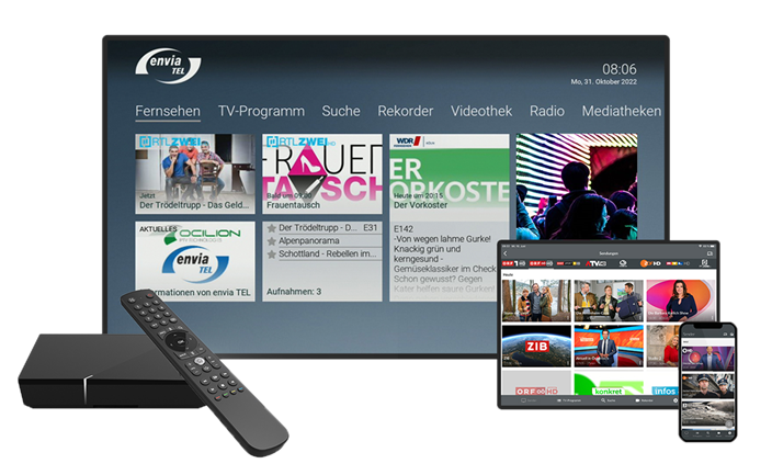 Envia TEL -TV-highspeed Fernseher mit Tablet und Smartphone mit Fernseherprogramm und Logo der envia TEL