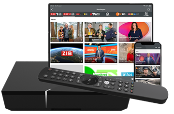 TV-Box und praktische App Tablet, Smartphone, TV-Box und Fernbedienung mit Fernsehprogramm auf Tablet und Smartphone