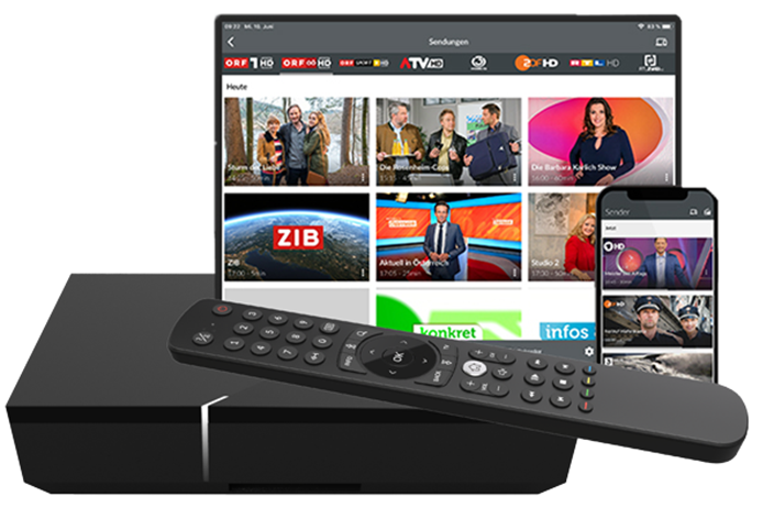 TV-Box und praktische App Tablet, Smartphone, TV-Box und Fernbedienung mit Fernsehprogramm auf Tablet und Smartphone