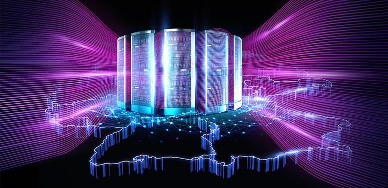 Datacenter Union Serverschränke auf einer 3D-Deutschlandkarte mit lilanen Lichtstreifen im Hintergrund