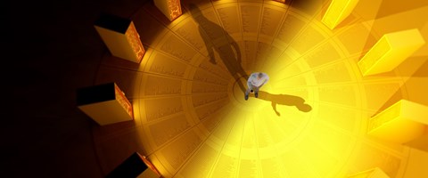 enManaged Datacenter Ein Mann befindet sich im Zentrum eines Kreises, umgeben von Serverschränken, die in ein strahlend gelbes Licht getaucht sind