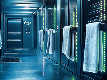 Serverraum mit Handtüchern an den Schränken Dunkler Serverraum mir grün leuchtenden Serverelementen