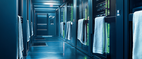 Serverraum mit Handtüchern an den Schränken Dunkler Serverraum mir grün leuchtenden Serverelementen