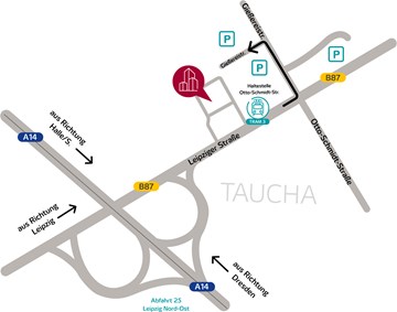 Anfahrtsskizze Datacenter Leipzig Grafik des Anfahrtsweg mit Auto und Bahn zum Datacenter Leipzig der envia TEL