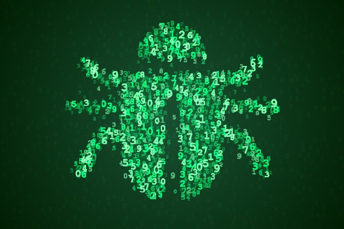 Malware & Ransomware Ein digitaler grüner Käfer, der aus Zahlen besteht