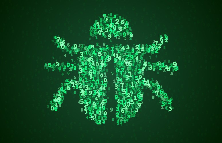 Malware & Ransomware Ein digitaler grüner Käfer, der aus Zahlen besteht