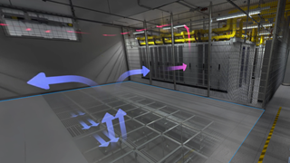 Serverraum mit Luftstromführung Serverraum mit farbigen Pfeilen zur Darstellung von Luftströmungen und sichtbarer Deckenverkabelung
