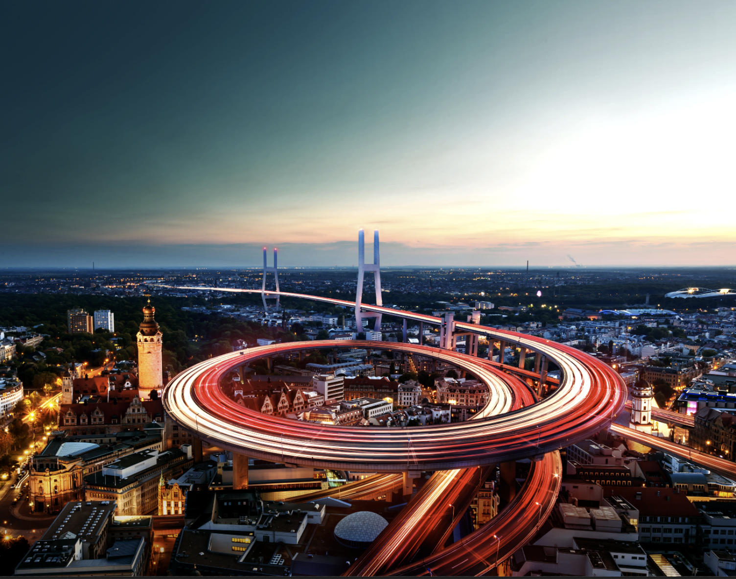 Datenautobahn über der Skyline von leipzig