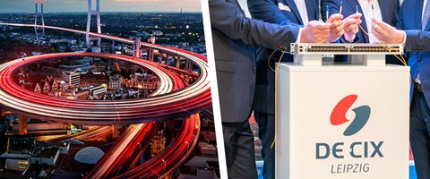 4. Community-Treffen DE-CIX Leipzig re. Bild: digitale Schnellstraße durch Leipzig, li. Bild: Logo DE-CIX