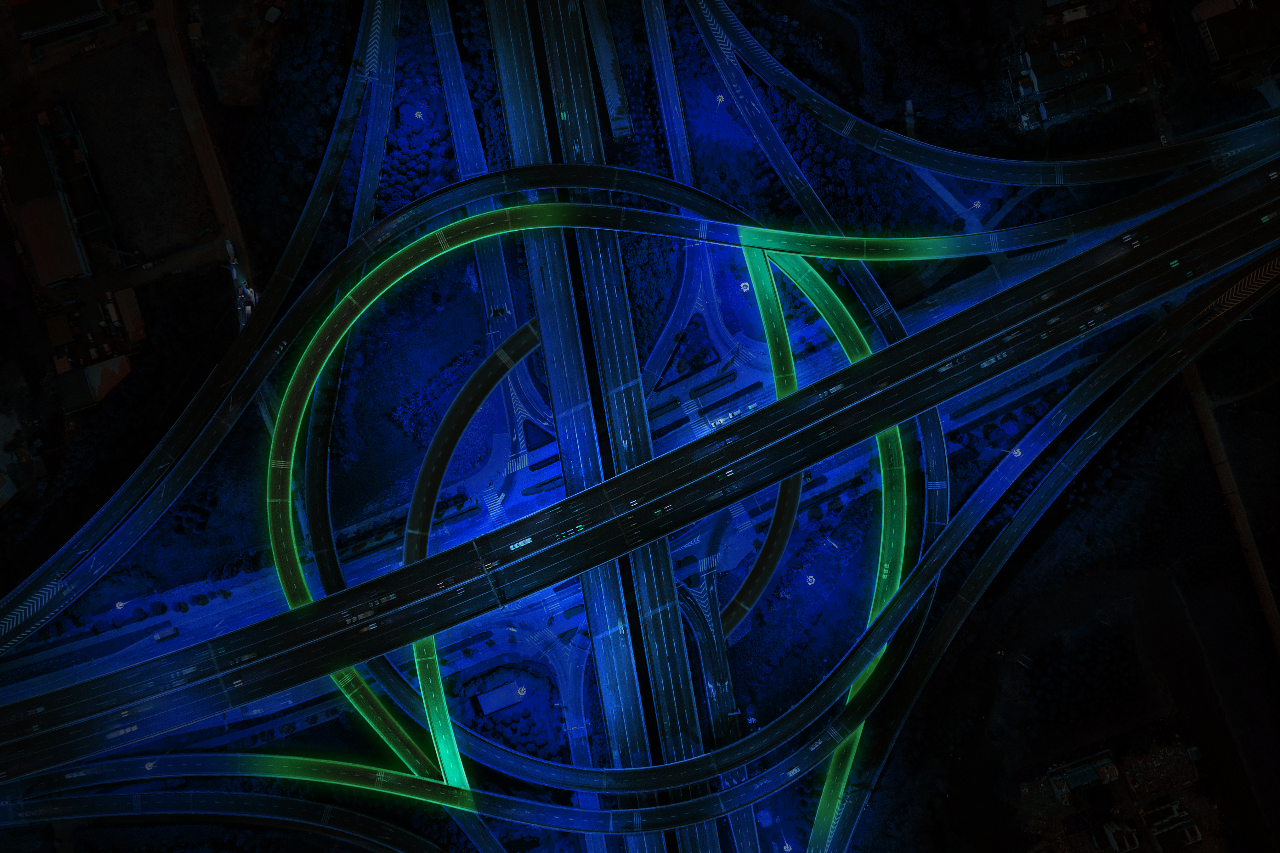 Digitales Autobahnkreuz in blauen und grünen Farben