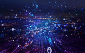 Produkte DE-CIX Leipzig Ausstrahlende Codierung auf dunklem Hintergrund