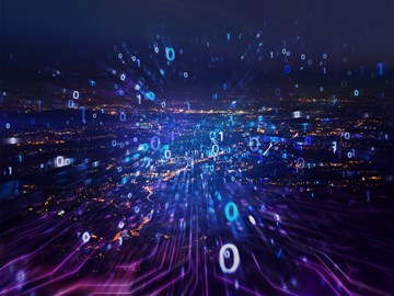 Produkte DE-CIX Leipzig Ausstrahlende Codierung auf dunklem Hintergrund