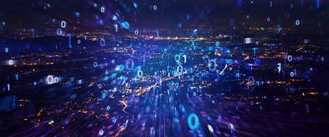 Produkte DE-CIX Leipzig Ausstrahlende Codierung auf dunklem Hintergrund