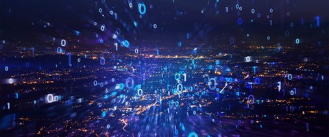 Produkte DE-CIX Leipzig Ausstrahlende Codierung auf dunklem Hintergrund