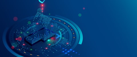 e-Book-Cybersicherheit-Managed-Services-vs-Inhouse-Banner Digitale-abstraktes Bild eines Hauses mit Firewall symbolisiert envia TEL Whitepaper