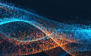 Externes Datenmanagement Blaue und orangefarbene digitale Linien, bestehend aus Partikeln