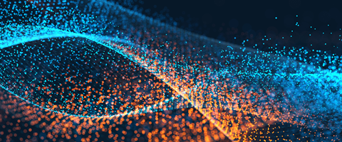 Externes Datenmanagement Blaue und orangefarbene digitale Linien, bestehend aus Partikeln