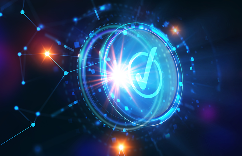 Zertifizierung nach DIN EN50600 erfolgreich bestanden Grafik zeigt einen virtuellen blauen Haken, der die erfolgreiche Zertifizierung nach DIN E50600 symbolisiert.