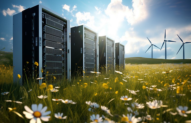 Die Zukunft des Datenmanagements Serverschränke stehen auf einer Wiese, im Hintergrund sind Windkrafträder zu sehen