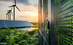 Energieeffiziente Rechenzentren Serverschrank mit LEDs, im Hintergrund Windkrafträder und Solarpaneele