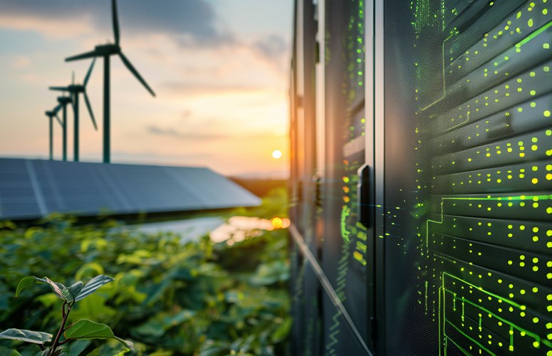Energieeffiziente Rechenzentren Serverschrank mit LEDs, im Hintergrund Windkrafträder und Solarpaneele