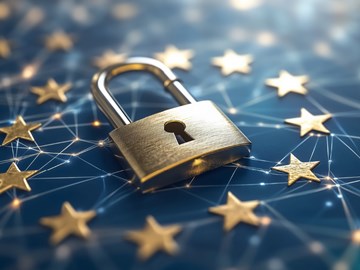 Sicherheit im digitalen Zeitalter Ein Schloss auf einem Untergrund mit 12 Sternen die die EU-Flagge repräsentieren