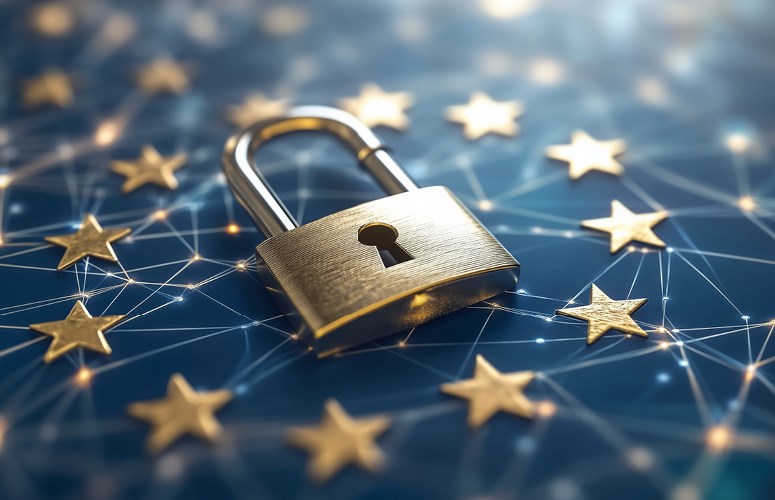 Sicherheit im digitalen Zeitalter Ein Schloss auf einem Untergrund mit 12 Sternen die die EU-Flagge repräsentieren