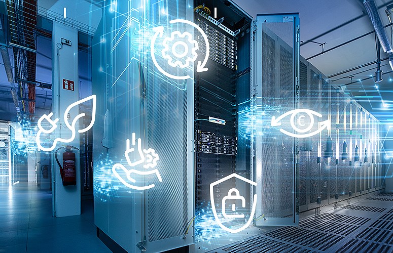 Gründe für die Auslagerung Ihrer Server Offener Serverschrank mit weißen digitalen Sicherheitsgrafiken im Vordergrund