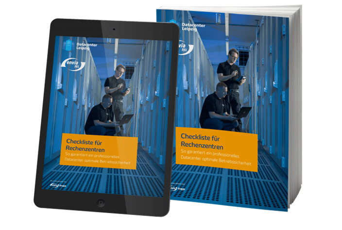 Checkliste für Rechenzentren Cover des Whitepapers auf einem E-Book und einem Buch dargestellt