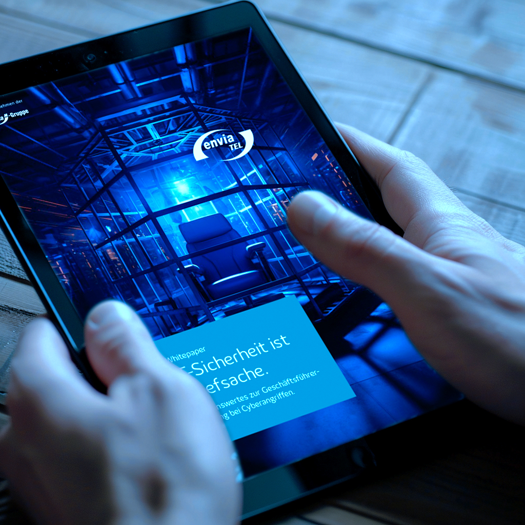 Mann hält ein Tablet in der Hand, das Tablet zeigt das Cover des Whitepapers Cyber-Sicherheit ist Chefsache mit dem envia TEL Logo
