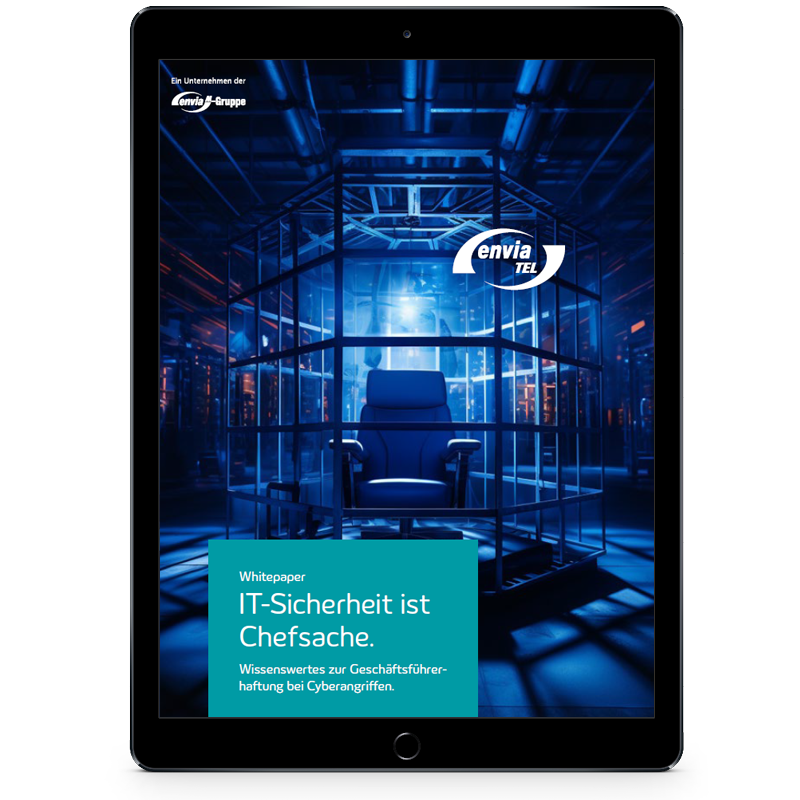 Ein Tablet mit dem Cover des Whitepapers IT-Sicherheit ist Chefsache