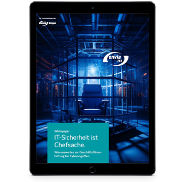 Tablet-Whitepaper- Chefsache-IT-Sicherheit Ein Tablet mit dem Cover des Whitepapers IT-Sicherheit ist Chefsache