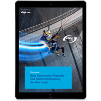 Whitepaper Tablet Next Generation Firewall Zwei Personen fliegen mit einem Gleitschirm vor einer Staumauer