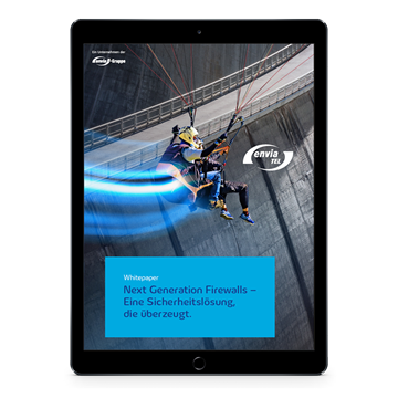 Whitepaper Tablet Next Generation Firewall Zwei Personen fliegen mit einem Gleitschirm vor einer Staumauer