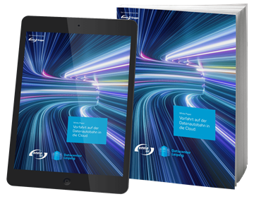 Vorfahrt auf der Datenautobahn in die Cloud Grafik des Whitepapers der envia TEL dargestellt auf einem Tablet und Buch