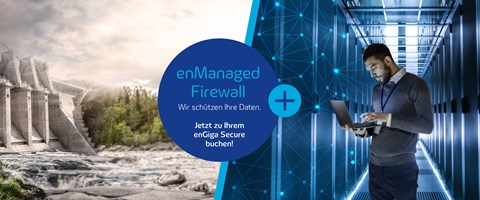 enGiga-Secure-Netbased-Firewall IT-Administrator sitzt lock mit Laptop in der Natur, ein Staudamm mit hoher Mauer im Hintergrund hält alle Bedrohungen fern. Am Bildrand ist die Darstellung eines im Rechenzentrum arbeitenden IT-Spezialisten angefügt, er ermöglicht entspanntes Arbeiten.