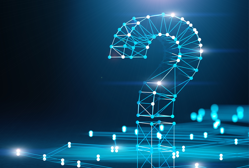 blau leuchtende Punkte sind zu einem Fragezeichen miteinander verbunden