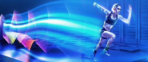 Glasfaser-Internet für Geschäftskunden Sprinterin läuft über Tablet und zieht Lichtschweif hinter sich her