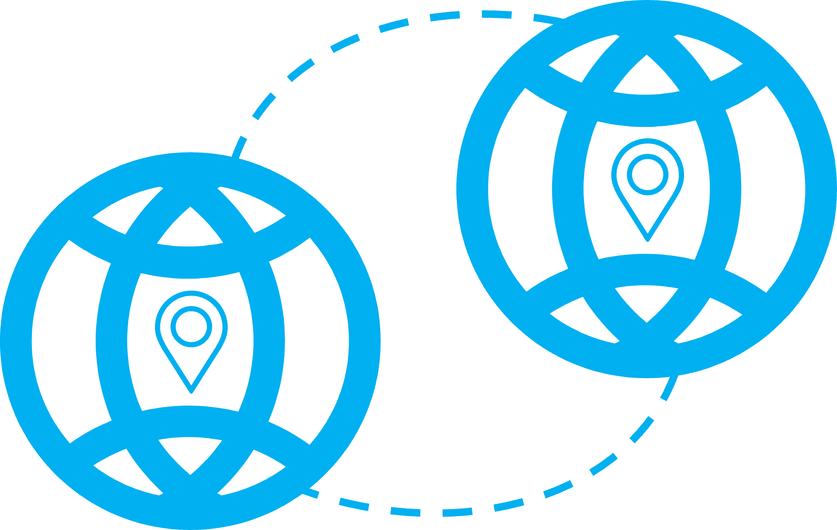 Zwei Blaue Globen mit Standort-Pin die über gestrichelte Linien miteinander verbunden sind