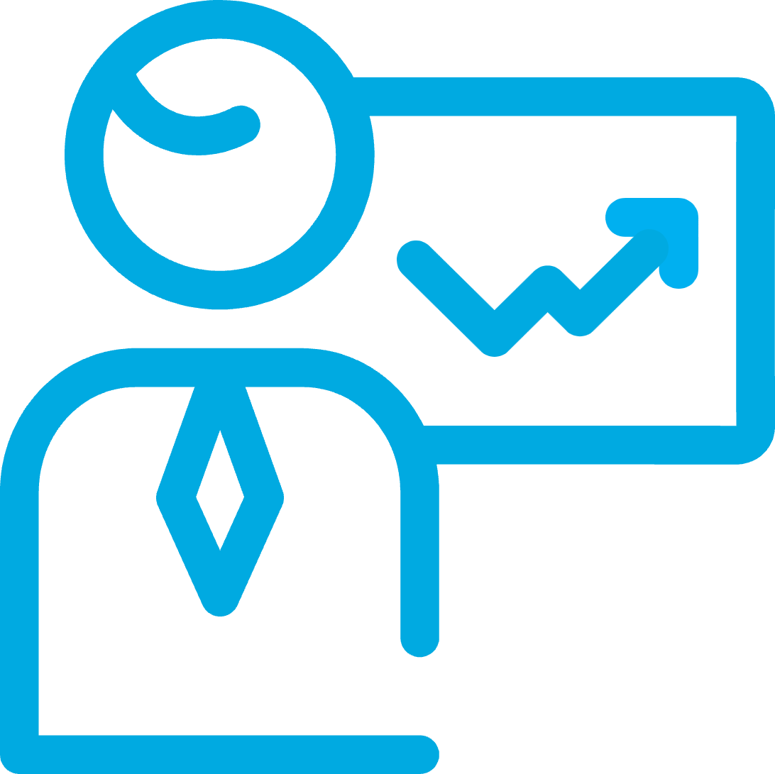 Blaues Piktogramm einer Person, im Hintergrund die Abbildung eines steigenden Kurses