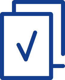 Blaues Piktogramm mit zwei Blättern hintereinander und Haken auf dem ersten Blatt