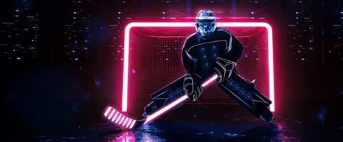 Backup & Restore envia TEL Cybersecurity “Eishockeyspieler vor dem Tor mit Schläger in der Hand; Schläger und Tor sind neonrot beleuchtet