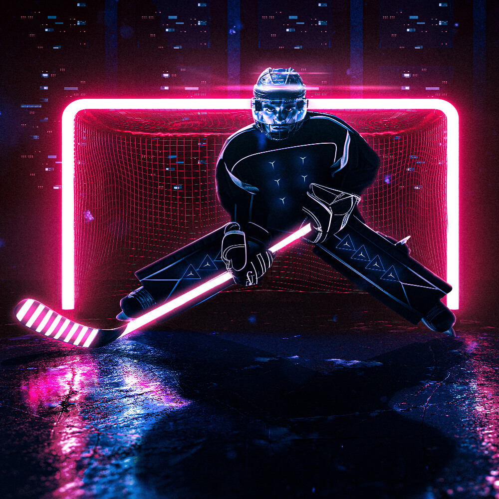 Eishockeyspieler vor einem Tor mit Schläger in der Hand; Schläger und Tor sind durch Neonrotes Licht hervorgehoben