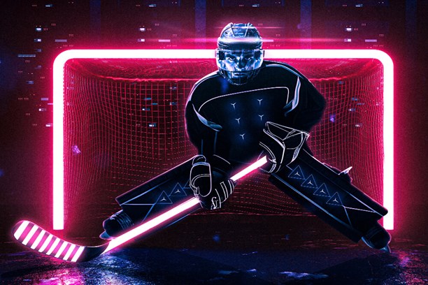 Backup & Restore Eishockeyspieler vor einem Tor mit Schläger in der Hand; Schläger und Tor sind durch Neonrotes Licht hervorgehoben