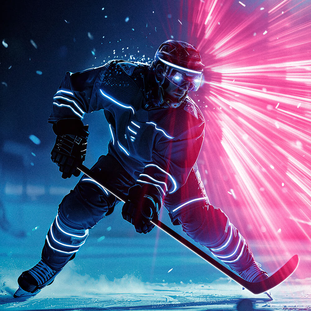Eishockeyspieler mit Schläger in der Hand, vom Helm des Spielers geht ein Neonrotes Licht aus