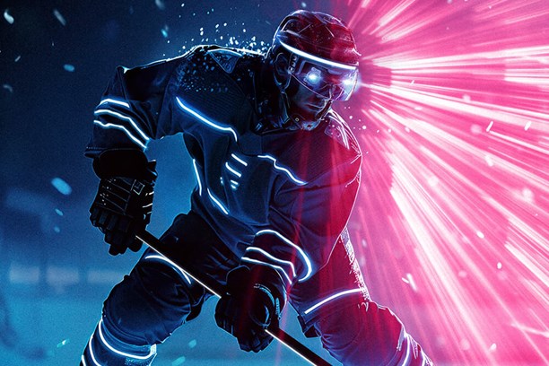 Detect & Respond Eishockeyspieler mit Schläger in der Hand, vom Helm des Spielers geht ein Neonrotes Licht aus