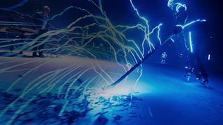 Security Abwehrformation Eishockeyspieler mit Schläger in der Hand, von dem blaue Blitze abgehen